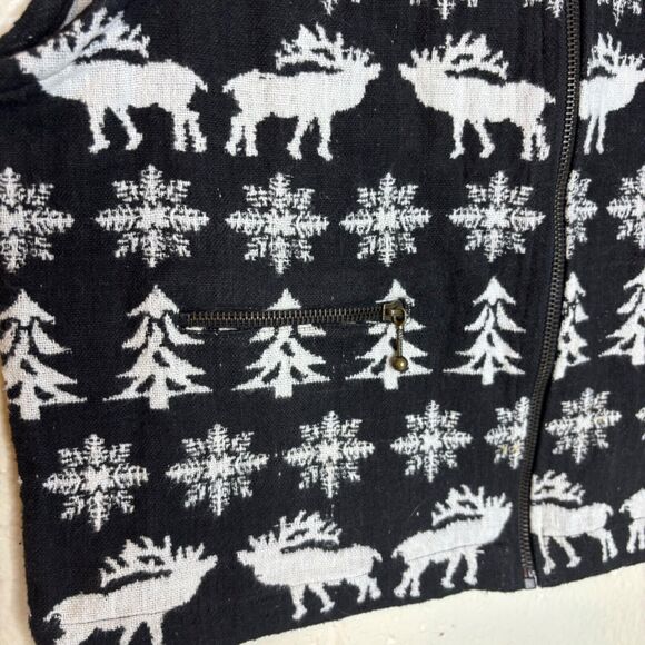 VTG Best Authentic Vest Black Large Moose Snowflake Full Zip Winter White Crop - Picture 4 of 9